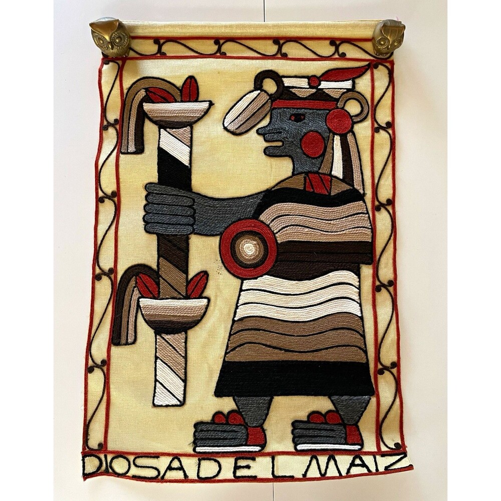 DIOSA DEL MAIZ Embroidered Yarn on Burlap Wall Hanging 32 in x 21”